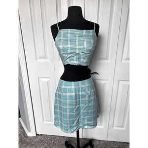 Rue 21 womens Plaid Two Piece Set Crop Top Mini Skirt Lace Up Back Summer Outfit